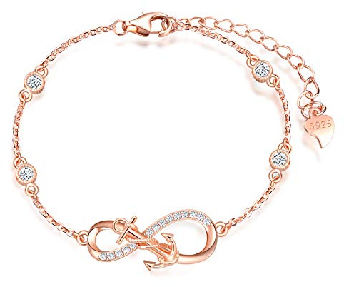 INFINIONLY Bracciale da donna da ragazza, bracciale in argento 925, bracciali con simbolo dell'infinito con ancora, decora diamanti, cuori o stelle, zircone, oro rosa, bracciale ancora