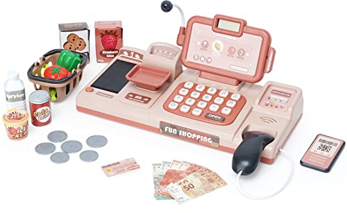 Elektronische Kasse Spielzeug Supermarkt Registrierkasse mit Scanner ,Laufband,Sound , Essen,Einkaufskorb, Kreditkarten-Geschenk für Mädchen Jungen ab 3 6 Jahre (Rosa), 33*15*16 cm