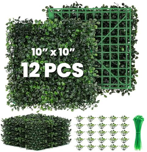 Ticanros Paquete de 12 paneles de pared de boj artificiales de 10 x 10 pulgadas, pantalla de cobertura de privacidad de boj sintético para exteriores, interiores, jardín, valla, patio trasero, paredes