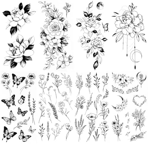 8sheets Temporary Tattoos for Women Flowers Wild Plant Butterfly Large and Small Floral Transfer Fake Tattoos Gifts for Women