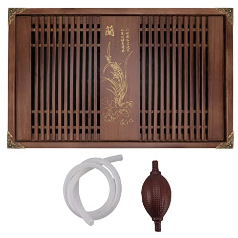 Kungfu-Teetablett, Chinesisches Gongfu-Teetablett, Drainage-Wasserspeicher, Holz-Teetisch mit Abflussrohr, Exquisite Verarbeitung (Hellschwarze Orchidee) | Effiziente Entwässerung mit Schlauch und Kugel inklusive, großer Tank für lange Sessions ohne Überlaufen, Motiv: