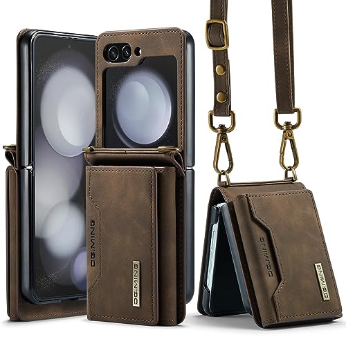 UDBKKDX Fodral för Samsung Galaxy Z Flip 5, matt läder med visningsstativ kameralinsskydd stötsäker korthållare skydd med axelremmar Plånboksfodral skydd case cover
