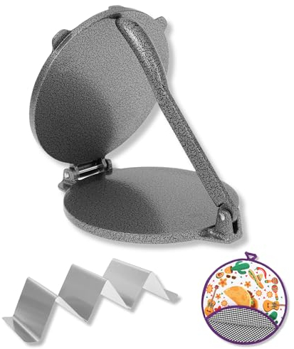 Flanacom Cast Iron Tortilla Press Set 20 cm with Warmer - Taco Maker for Homemade Roti Naan Wraps Quesadilla Pita (Press + Warmer + Holder)