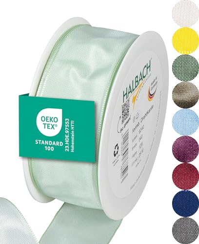 Halbach Geschenkband mit Drahtkante, 40 mm x 25 m, light mint | Taftband mit formbarer Drahtkante aus 100% Acetat, Made in Germany, Öko-Tex 100 zertifiziert, wetter-/wasserfest