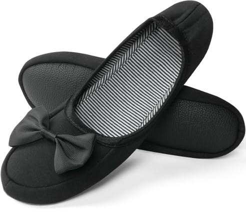 OFFCUP Damen Ballerina Hausschuhe Loafer Pantoffeln Mit Elegant Schleife Und Memory Foam - Gemütlich Leicht Mit Anti-Rutsch Weiche Gummisohle, Schwarz, Large