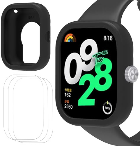 GIOPUEY Silicona Funda para Redmi Watch 4, con 3 Pack Protector Pantalla, Suave TPU Silicona Case Cover Protectora, Redmi Watch 4 Carcasas - Black