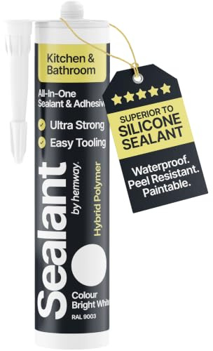 Hemway Bright White Kitchen & Bathroom Sealant & Adhesive 300ml 1 Pack | Hybrid Polymer, Superior to Bathroom Silicone Sealant, Waterproof, Odourless, Anti-Mould, Ideal For Around Bath & Shower