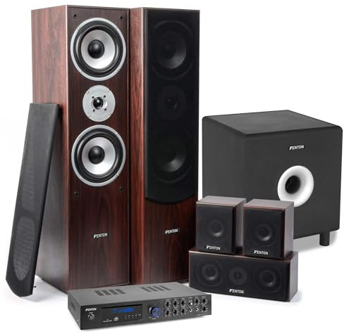 Fenton AV550BT 5.1 Heimkino-Set - Verstärker mit BT, Surround Lautsprecher & Subwoofer - Walnuss