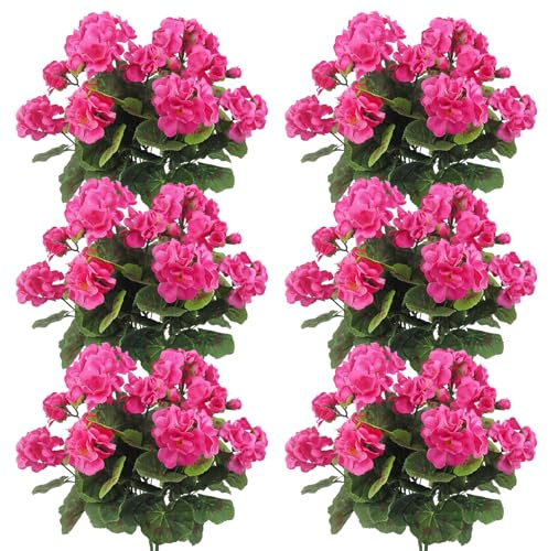 Hperu 12 pezzi Gerano finto, fiori artificiali Gerani falsi realistici da 14 pollici Gerani artificiali Fiore di seta per patio da giardino all'aperto, rosso rosa