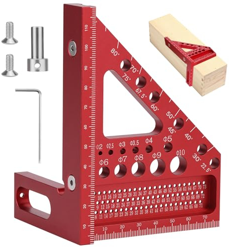 POFIBO Zimmermannswinkel Winkelmesser Anschlagwinkel - 22,5-90 Grad Aluminiumlegierung 3D-Gehrungswinkel, inkl. Tieflochmarker, für präzises Anreißen und Zeichnen, für Schreiner und Ingenieure (Rot)