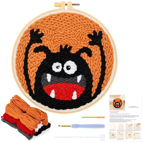 JSRQT Stanznadel Stickerei Starter Kit für Kinder Erwachsene,Halloween Punch Needle Stickerei Set für Anfänger,Punch Needle Anfänger Handarbeit Set mit Stoff,Fäden,Einfädelhilfe