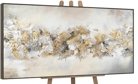YS-Art Quadro Astratto Orizzontale Oro Beige e Bianco, Dipinto Materico