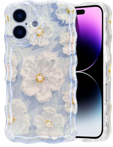 EYZUTAK Skal för iPhone 16, färgglatt fodral, retrostil, oljemålning, blomma, laser, glansigt, söta vågiga kanter, snyggt TPU-telefonskydd, hållbart, för flickor, kvinnor, ljusblå