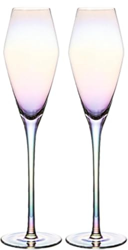 Luminthra Set of 2 Hand Blown Lead-Free Crystal Champagne Flutes, Bride and Groom Toasting Glasses for Weddings and Anniversaries (Rainbow) (Tulip,2 count)