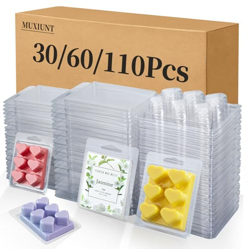 MUXIUNT Candle Plastic Wax Melts Heart Shape Clamshell Moulds Packaging | Soy Wax Melts Soap Making Clear with Easy-Opening Release Design for Small Businesses Home DIY Crafts Scent Lovers（110pcs）