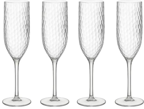eMKay® Pack of 4 Reusable Dimple Plastic Champagne Flutes – 200ml Elegant Shatterproof Goblets with Glass-Look Finish – Ideal for Outdoor Celebrations, Weddings, Picnics & Everyday Use – 22.5cm Tall