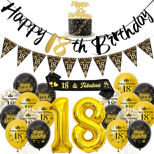 Deko 18. Geburtstag Jungen Mädchen Luftballons - Schwarz Gold Happy Birthday Girlande Tortendeko und Schärpe, XXL Zahlenballon und Wimpel für 18 Geburtstagsfeier Dekoration