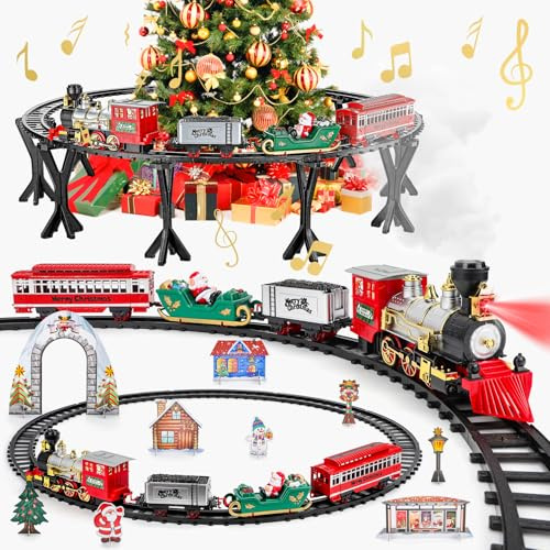 Électrique Train de Noël pour Les Enfants, Circuit de Train Thème avec Lumière et Son, Cadeau de Noël Jeux pour Garçons et Filles(dans Les Arbres sous ou l'Arbre)