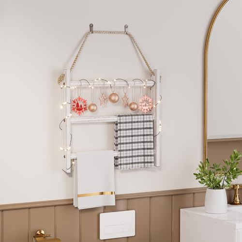 XLHOMO White Towel Ladder, 3 Tier Wooden Rustic Blanket Ladder for Living Room & Bathroom, Mini Ladder Tea Towel Stand Holder Display Hanger, Wall Hanging Towel Rack with Rope for Christmas Decor