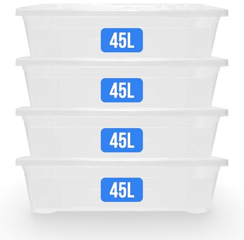 KAPCO Large Under Bed Storage – 4 x 45L Container with Lid | Deep, Flat Plastic Storage Boxes for Seasonal Clothing, Toys & Extra Bedding | Space-Efficient, Durable Plastic Underbed Tubs | 45 Litre