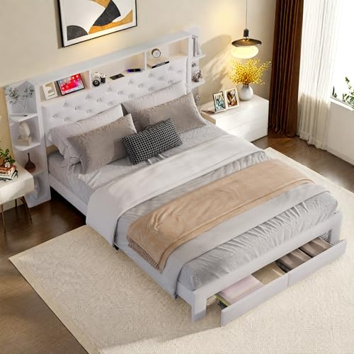 PerGar Bett 160x200, Doppelbett Polsterbett mit LED und USB, Boxspringbett Stauraumbett mit 2 Schubladen, Kopfteil mit Ablagefach, Polsterbett Jugendbett mit Lattenrost, Weiß, Samt, Ohne Matratze