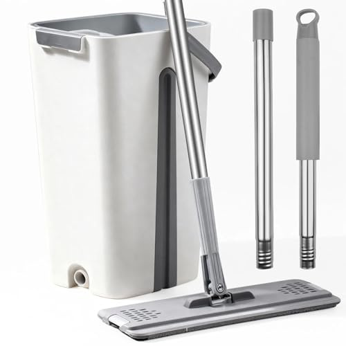 LxsNyvantic Fregona con Cubo Escurridor 2 en 1 – Mopa Plana de Microfibra con Cabezal 360°, Mango de Acero Inoxidable Ajustable hasta 115 cm,Limpieza en Seco y Húmedo para Madera y Azulejos