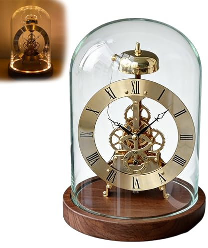 WUCIOA Vintage-Glasglocken-Uhr mit Quarzuhrwerk, Klassische mechanische Zahnraduhr, warmes Licht, Licht- und Klangsteuerung, Stundenschlag, Stummmodus, für Elegante Wohnkultur(Gold)