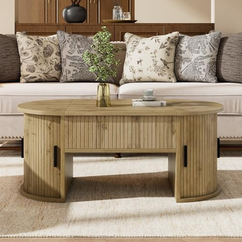 NADEUSAK Tavolino moderno regolabile in altezza, in legno di quercia, 50 x 100 cm, per soggiorno, scaffali aperti e spazio nascosto, porte scorrevoli, ideale per piccoli appartamenti e uffici