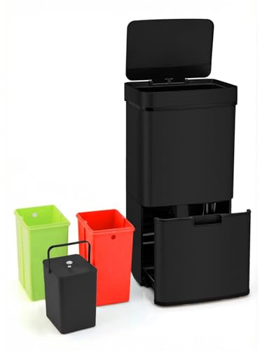 Allyson® Sensor Mülltrennsystem 60L, 3-fach inkl. Bio, Edelstahl, Schwarz | Touchless: 0,5s Sensor-Öffnung, 8s Auto-Close, Schublade mit 2x 12L für Papier & Plastik, flüsterleise, Anti-Fingerprint