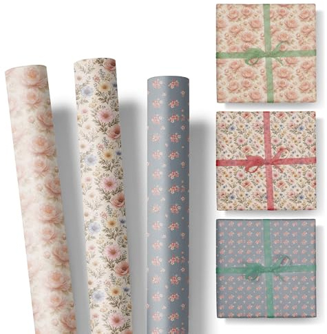 Ausgewählt verpackt Geschenkpapier Set mit Blumen – 3 Geschenkpapier Rollen 47 cm x 3 cm – florales Einpackpapier auf Rolle ohne Knicke – für Geburtstag, Hochzeit & Geschenke - Blumen - Set 2