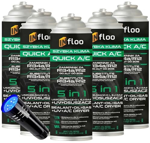 INfloo Quick A/C Sustituto de R134a 5 en 1 5x205 g | Gas + Aceite + Sellador + Tinte UV + Desecante | Recarga para Aire Acondicionado de Coche + Linterna UV y Guantes