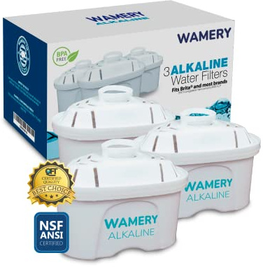 Wamery Alkaline Pitcher Water Filter Replacement - Model 1001122, 3 Pack, Multi‑Stage Gravity Cartridges, Improves pH & Taste, Activated Carbon + Mineral Layer, 42‑Gallon Each, Leak‑Free Fit, BPA‑Free