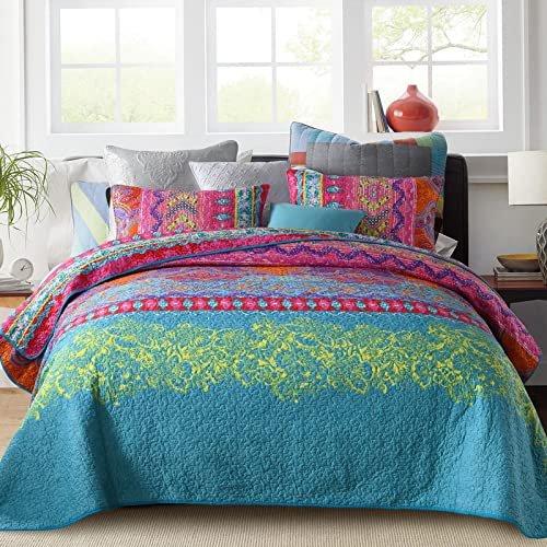Qucover Boho Tagesdecke 220x240, Reversible A/B-Seite Bettüberwurf Set mit 2 Kissenbezüge 50x75cm für Doppelbett, Indische Doppelbett Bettüberwurf, Bunte Decke Sofa Überwurfdecke Wohndecke