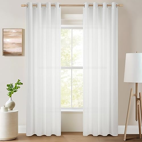 Topfinel Voile Vorhänge mit Ösen Halbtransparent Gardine Leinenstruktur Garn Muster Fensterschal für Zimmer, Büro, 2er Set 225x140 (HxB) Weiß