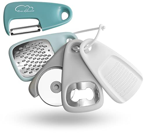 Kitchen Gadgets 5 Pieces Space Saving Kitchen Accessories Cheese Grater, Bottle Opener, Fruit/Vegetable Peeler, Pizza Cutter, Garlic/Ginger Grinder, Stainless Steel Camping Accessories (Blue)​
