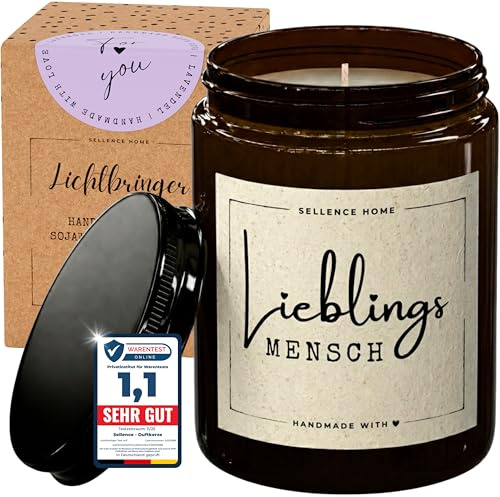 LICHTBRINGER Duftkerze mit Spruch Lieblingsmensch, Geschenk Freundin, 70 h | Kleine Geschenke für Frauen, Geburtstagsgeschenk, 210 g Sojawachs, vegan, Lavendel, Geschenkbox, handgegossen, Amberglas