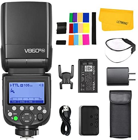 Godox V860III-N TTL Flash pour Nikon, 2.4G Externe Flash 1/8000s HSS Speedlite, 10 Levels LED Modeling Lamp, 480 Flashs Pleine Puissance,Compatible pour Nikon Caméra(Godox V860II-N Version Améliorée)