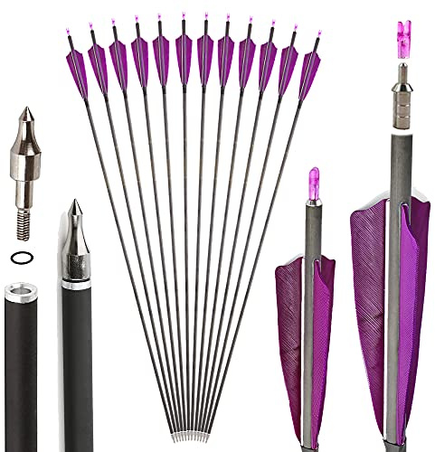 SHARROW 12X Carbonpfeile 35 Zoll Spine 400,Jagdpfeile mit 4 Zoll Naturfedern,für Recurvebogen & Compoundbogen Jagd Training