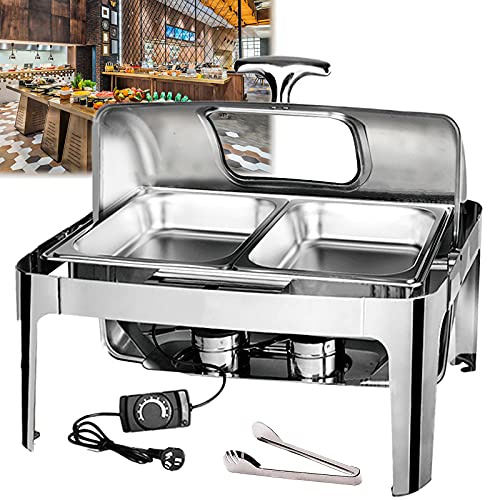 DBMGB 9L Chafing Dish Elettrico, Scaldavivande Elettrico Scalda Cibo Professionale per Buffet con Roll Top a 180° e Finestra di Visualizzazione, Temperatura Regolabile, 600W