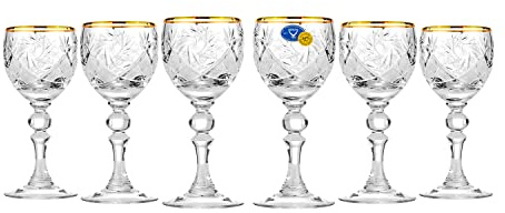 World Gifts Elegant and Modern Russian Cut Crystal Glasses Set for Hosting Parties and Events - 2.25oz, Sherry Gold Rim Glass, 65ml, Set of 6