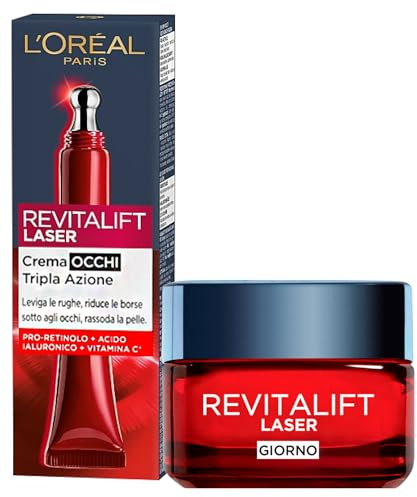 L'Oréal Paris Revitalift Laser Crema Giorno Anti-Età Tripla Azione Rassodante e Illuminante con Pro-Retinolo e Vitamina C + Crema Occhi Tripla Azione Anti-Rughe - 2 Trattamenti con Acido Ialuronico