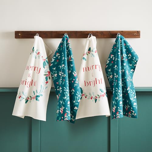 Catherine Lansfield Christmas Holly and Mistletoe Cotton 50x75 cm Kitchen Tea Towel Pack of 4 Green