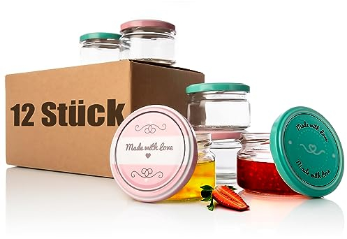 BigDean 12er Set Einmachgläser mit Deckel in rosa und Pastell-grün in Made with Love Stil - 250ml Sturzgläser Marmeladenglas