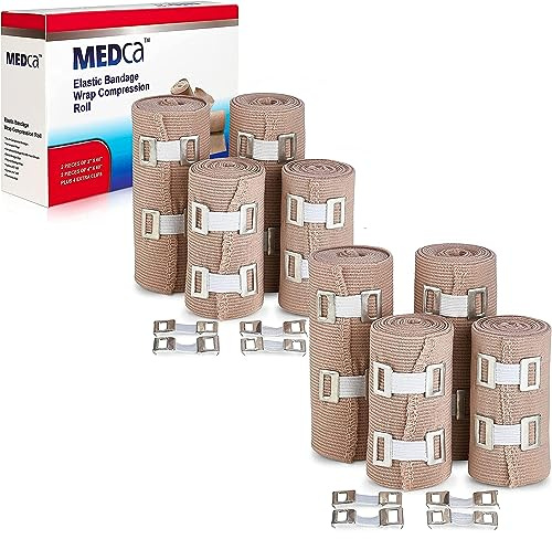 Elastisk kompressionsbandage - Premium Quality (Set of 8) med krokar, Athletic Sport Support Tape Rolls för fotled, handled, arm, arm, ben Sprains First Aid Bandages Measure (4) - 4  x 5 Ft (4) - 3  x 5 Ft