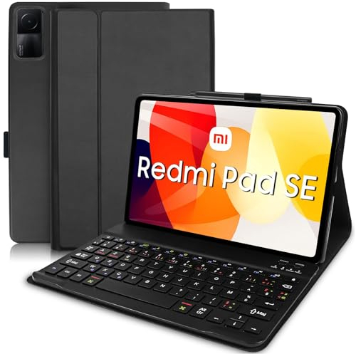 YUEJIDZ Coque Clavier pour Xiaomi Redmi Pad SE, Coque en Cuir avec Clavier Bluetooth Magnétique Amovible (AZERTY, Français) pour Xiaomi Redmi Pad SE 11 2023, Noir