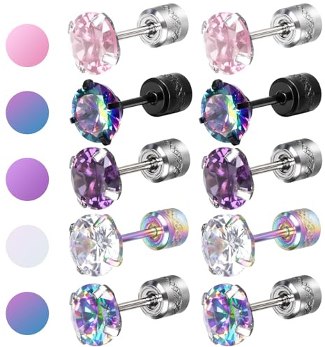 5 Pair Titanium Earrings for Women Men Surgical Steel Screw Back Earrings Hypoallergenic Studs Earring Rainbow 5A Cubic Zirconia Double Side Sleeper Earring