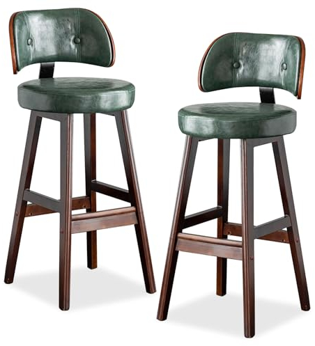 Lsoiup Barhocker in Thekenhöhe, 2er-Set, Vintage-Barhocker aus PU-Leder mit Rückenlehne für die Kücheninsel, Stuhl mit Beinen aus massivem Holz und Fußstütze