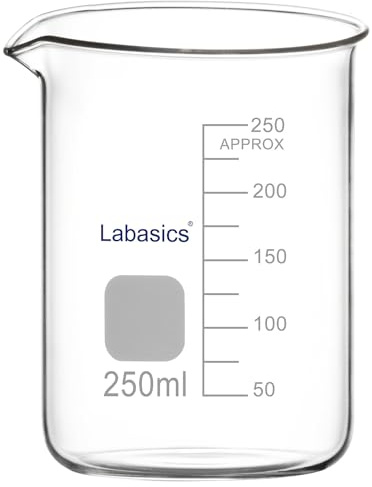 Labasics Glass Beaker, 1 Pack Borosilicate Glass Graduated Low Form Griffin Beaker with Pouring Spout Lab Beaker, 250 ml, High temperature resistance, Laboratory use