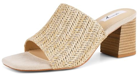 Ancomafio Women's Heeled Sandals Raffia Heels Square Open Toe Sandals Backless Mules Slip On Block Sandals Nude Size 8