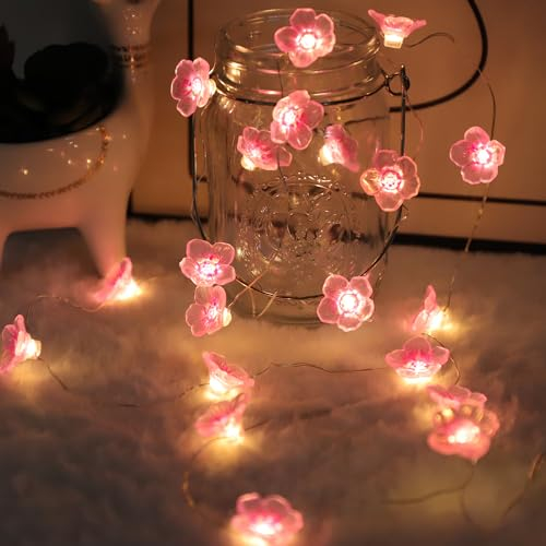 Auting Guirnalda de luces LED con diseño de flores de cerezo, 2 m, guirnalda de flores, guirnalda con 20 luces LED, batería con función de temporización, cadena de luces para decoración de primavera